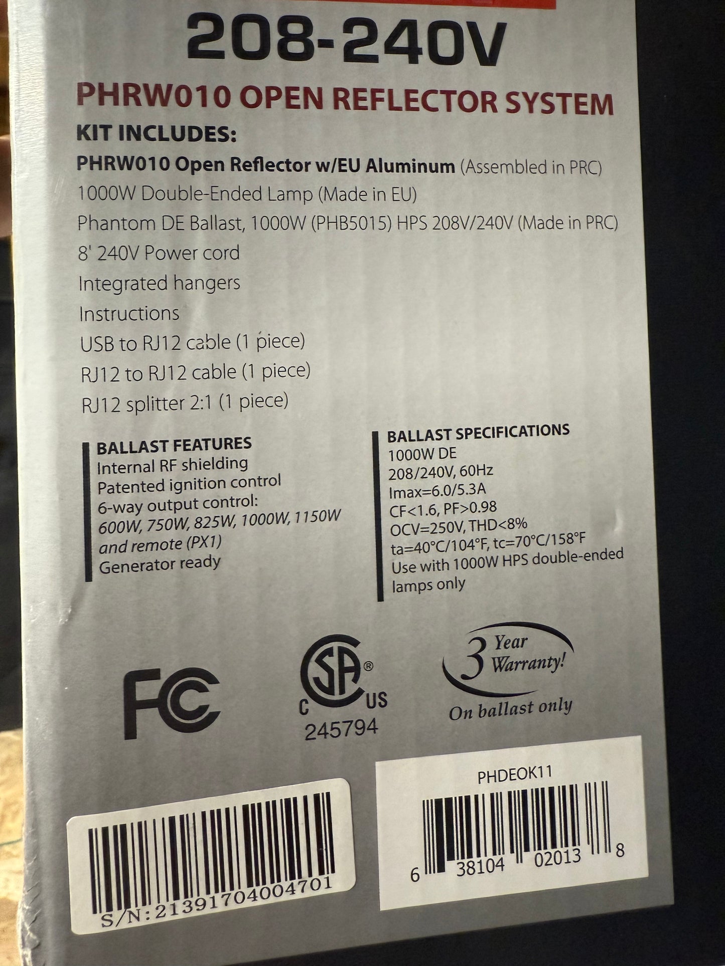 USED (Good Condition) Phantom DE 1000w 208-240v Open Reflector